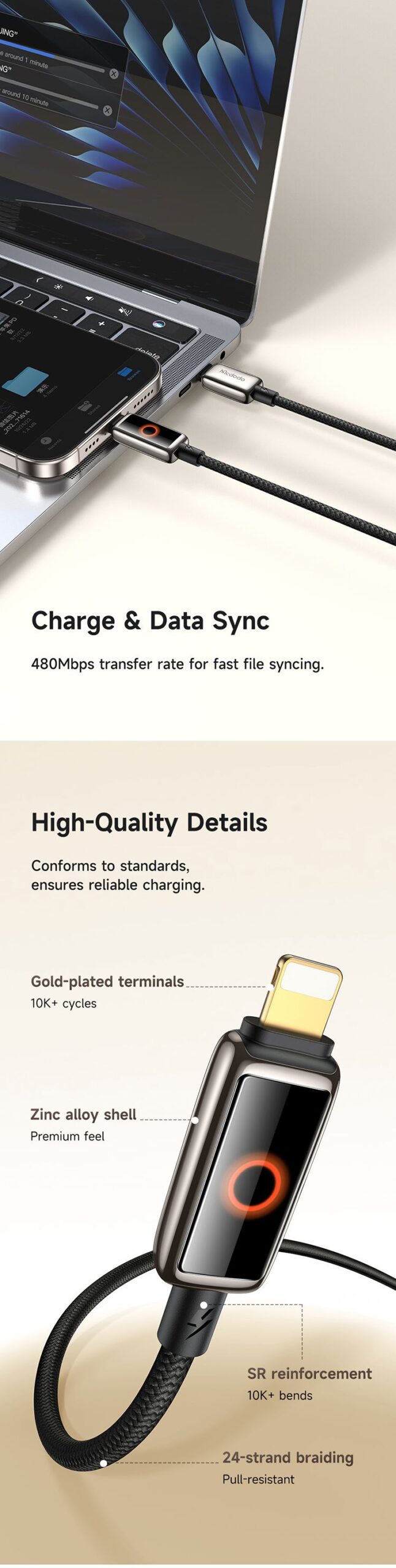 کابل شارژ سریع تایپ سی به لایتنینگ 36 وات 3 آمپر قطع کن اتومات مک دودو مدل MCDODO CA-667 قابلیت کارپلی 1.2متر | جانبی360