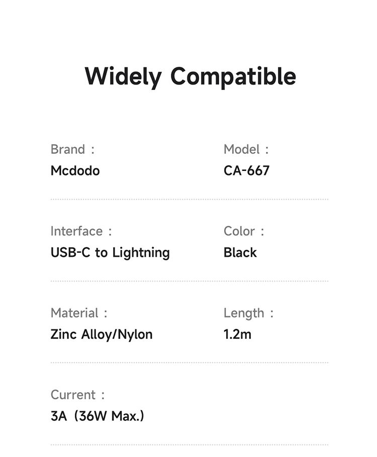کابل شارژ سریع تایپ سی به لایتنینگ 36 وات 3 آمپر قطع کن اتومات مک دودو مدل MCDODO CA-667 قابلیت کارپلی 1.2متر | جانبی360