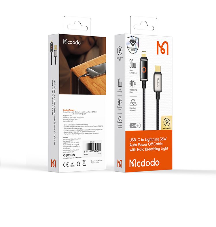 کابل شارژ سریع تایپ سی به لایتنینگ 36 وات 3 آمپر قطع کن اتومات مک دودو مدل MCDODO CA-667 قابلیت کارپلی 1.2متر | جانبی360