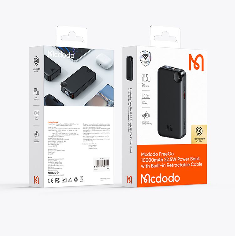 پاوربانک 22.5 وات ظرفیت 10000 مک دودو مدل MCDODO MC-386 بهمراه کابل متصل جمع شونده | جانبی360