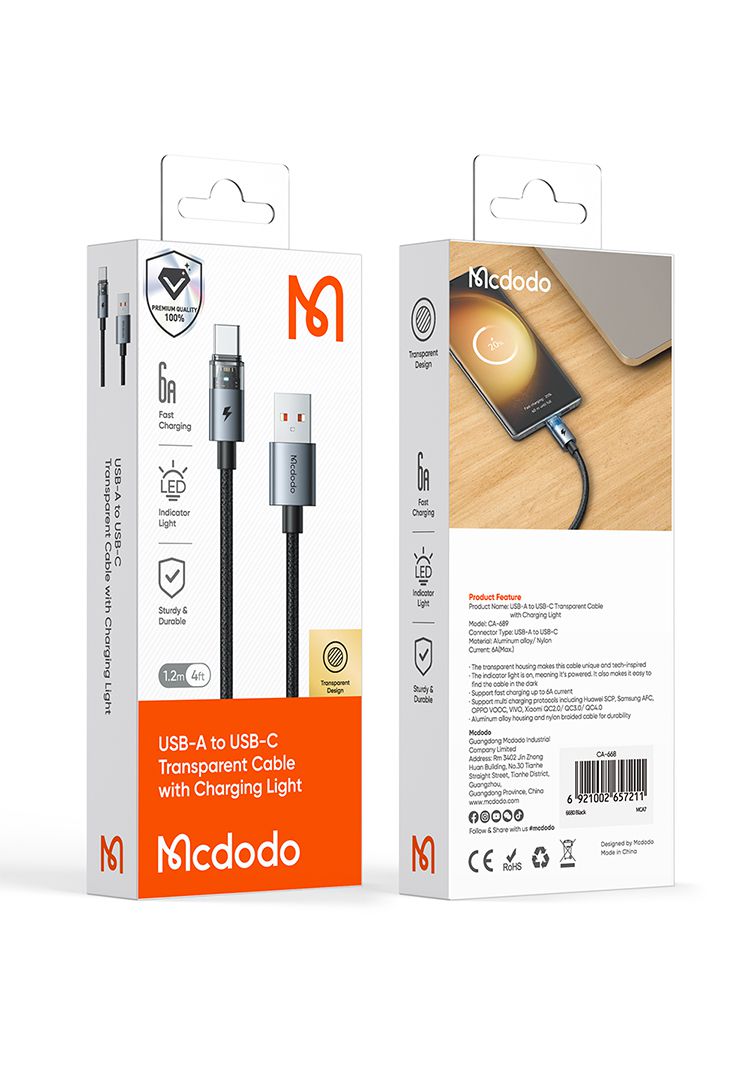 کابل شارژ سریع  انتقال دیتا USB به تایپ سی 100وات 6 آمپر مک دودو مدل MCDODO CA-689 طول 1.2متر  | جانبی360