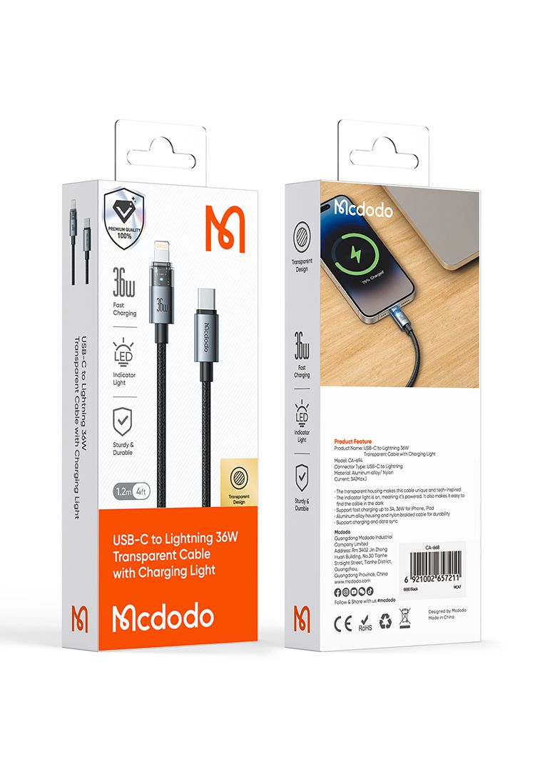 کابل شارژ سریع و انتقال دیتا تایپ سی به لایتنینگ 36 وات 3 آمپر دارای قابلیت کارپلی دودو مدل MCDODO CA-694 طول 1.2متر | جانبی360