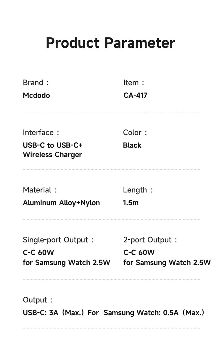 کابل شارژ 2 کاره موبایل و ساعت هوشمند سامسونگ واچ 60 وات تایپ سی به تایپ سی برند مک دودو مدل MCDODO CA-417 طول 1.5متر | جانبی360