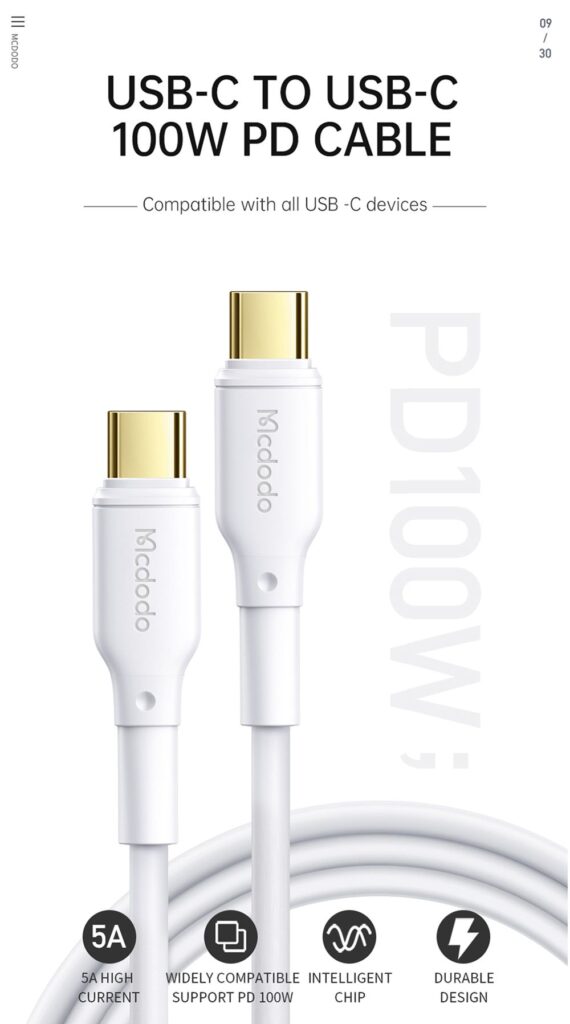 کابل شارژ سریع و انتقال دیتا تایپ سی به تایپ سی 100 وات 5 آمپر مک دودو مدل MCDODO CA-835 طول 1.2متر رنگ سفید | جانبی360