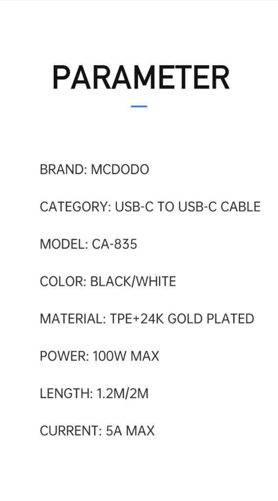 کابل شارژ سریع و انتقال دیتا تایپ سی به تایپ سی 100 وات 5 آمپر مک دودو مدل MCDODO CA-835 طول 1.2متر رنگ سفید | جانبی360