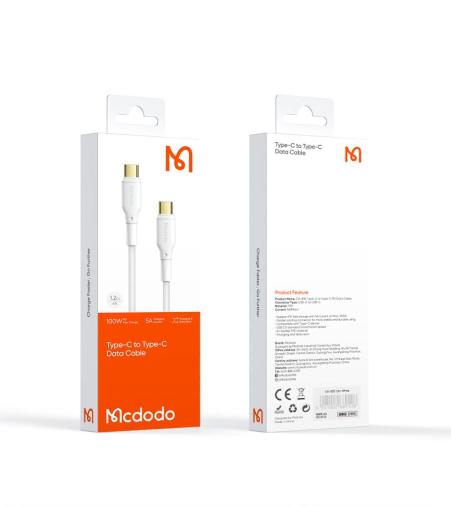 کابل شارژ سریع و انتقال دیتا تایپ سی به تایپ سی 100 وات 5 آمپر مک دودو مدل MCDODO CA-835 طول 1.2متر رنگ سفید | جانبی360