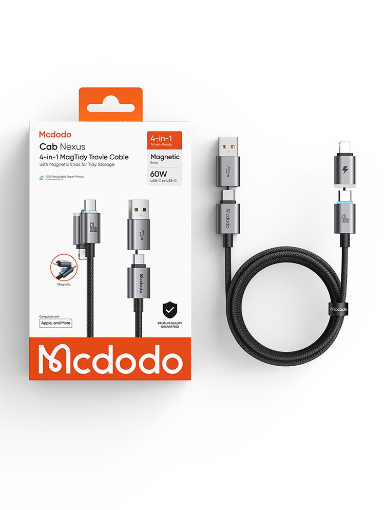 کابل شارژ سریع 60واتی چندسر آهنربایی مگنتی 4 کاره USB-A+لایتنینگ+تایپ سی برند مک دودو مدل MCDODO CA-656 | جانبی360