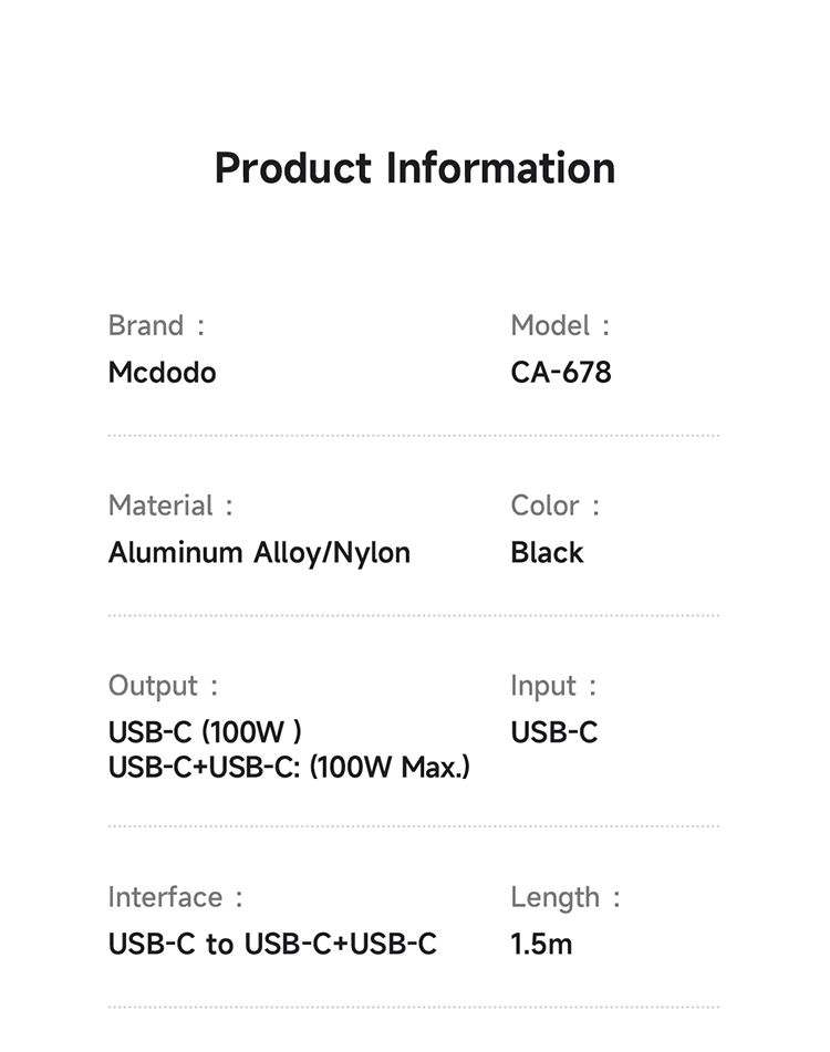 کابل شارژ سریع و انتقال دیتا توان خروجی 100وات پورت تایپ سی به 2 پورت تایپ سی برند مک دودو مدل MCDODO CA-678 | جانبی360