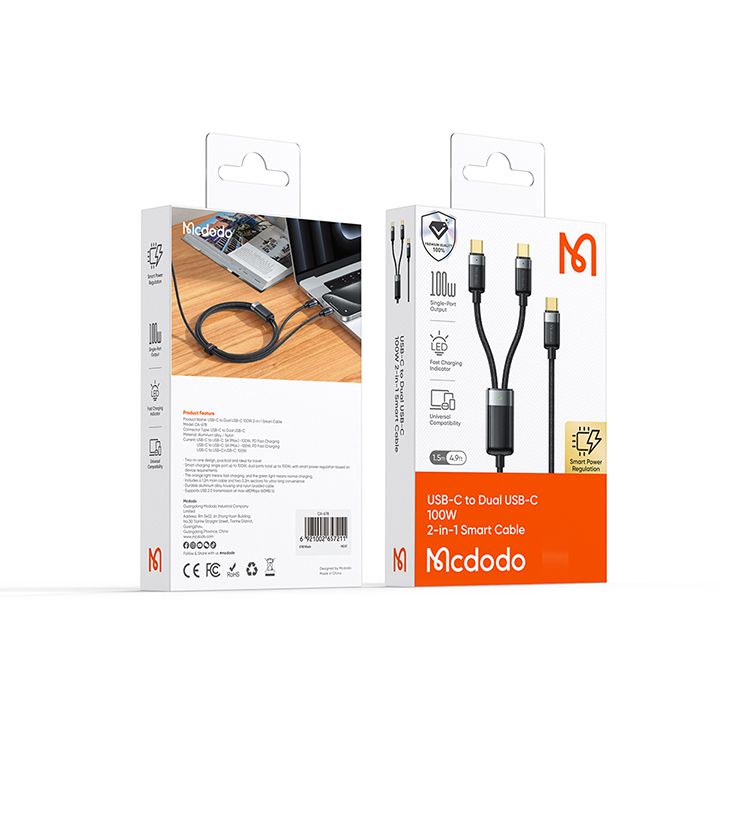 کابل شارژ سریع و انتقال دیتا توان خروجی 100وات پورت تایپ سی به 2 پورت تایپ سی برند مک دودو مدل MCDODO CA-678 | جانبی360 کابل شارژ سریع و انتقال دیتا توان خروجی 100وات پورت تایپ سی به 2 پورت تایپ سی برند مک دودو مدل MCDODO CA-678 | جانبی360