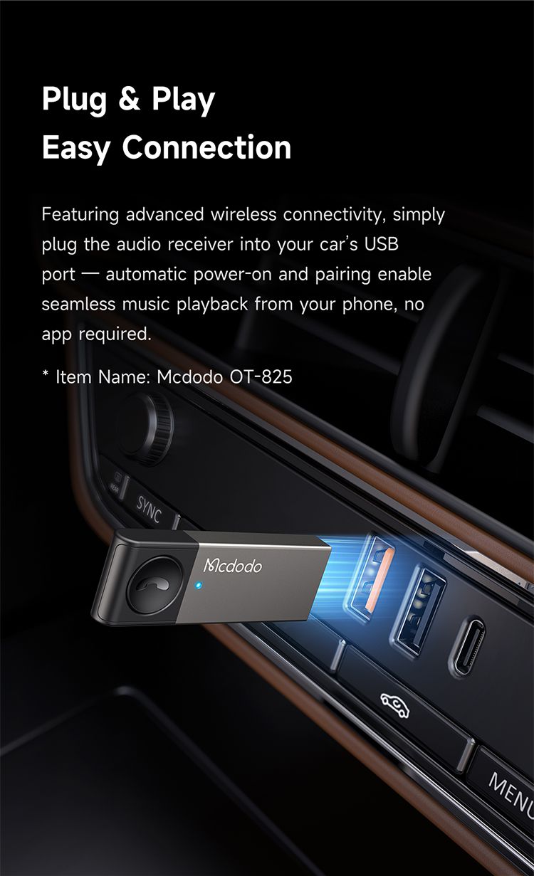 گیرنده صوتی بلوتوثی بیسیم وایرلس USB برای پخش خودرو و اتومبیل از برند مک دودو مدل MCDODO OT-825 قابلیت اتصال همزمان به 2 گوشی | جانبی360