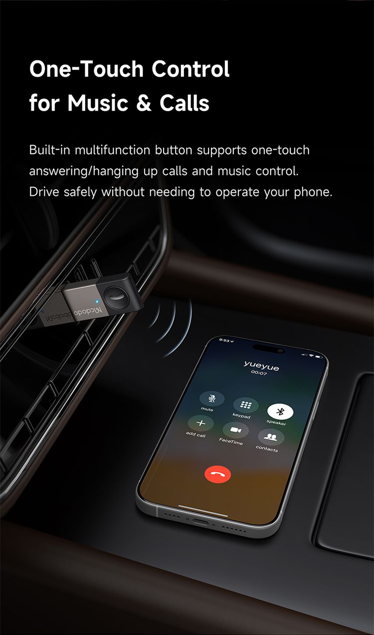 گیرنده صوتی بلوتوثی بیسیم وایرلس USB برای پخش خودرو و اتومبیل از برند مک دودو مدل MCDODO OT-825 قابلیت اتصال همزمان به 2 گوشی | جانبی360