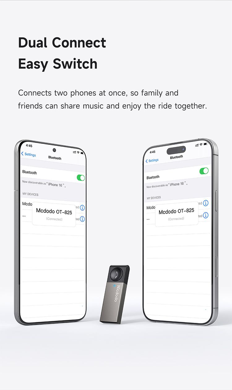 گیرنده صوتی بلوتوثی بیسیم وایرلس USB برای پخش خودرو و اتومبیل از برند مک دودو مدل MCDODO OT-825 قابلیت اتصال همزمان به 2 گوشی | جانبی360