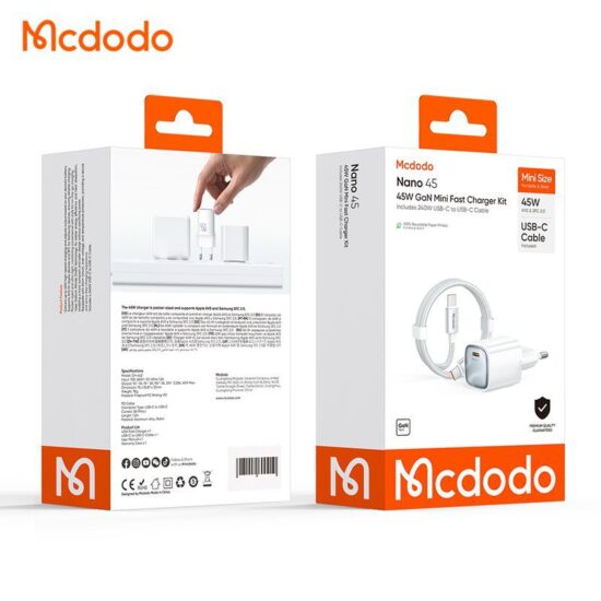شارژر آداپتور دیواری مینی 45وات بهمراه کابل شارژ مک دودو مدل MCDODO CH-443 GaN with Cable