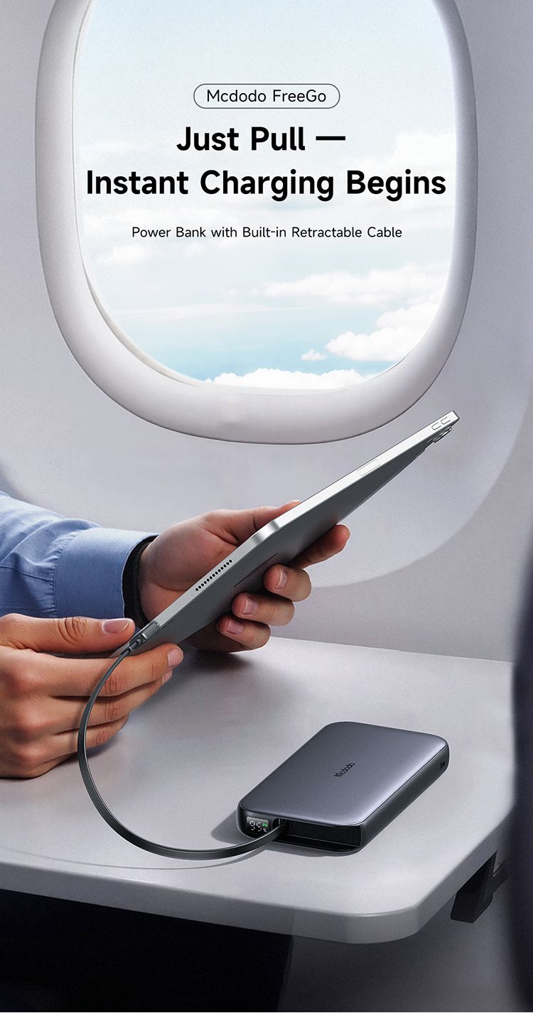 پاوربانک با توان شارژ 35وات ظرفیت 10000 میلی آمپر ساعت از برند مک دودو مدل MCDODO MC-073 بهمراه کابل شارژ جمع شونده تایپ سی | جانبی360