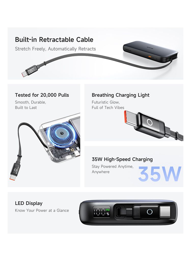 پاوربانک با توان شارژ 35وات ظرفیت 10000 میلی آمپر ساعت از برند مک دودو مدل MCDODO MC-073 بهمراه کابل شارژ جمع شونده تایپ سی | جانبی360