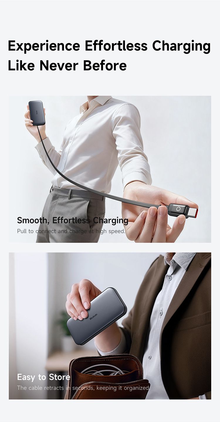 پاوربانک با توان شارژ 35وات ظرفیت 10000 میلی آمپر ساعت از برند مک دودو مدل MCDODO MC-073 بهمراه کابل شارژ جمع شونده تایپ سی | جانبی360