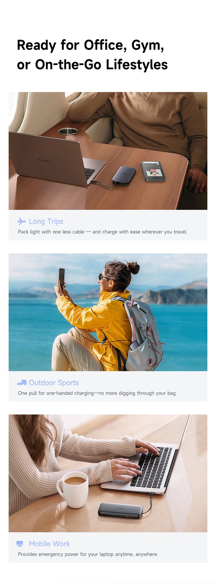 پاوربانک با توان شارژ 35وات ظرفیت 10000 میلی آمپر ساعت از برند مک دودو مدل MCDODO MC-073 بهمراه کابل شارژ جمع شونده تایپ سی | جانبی360