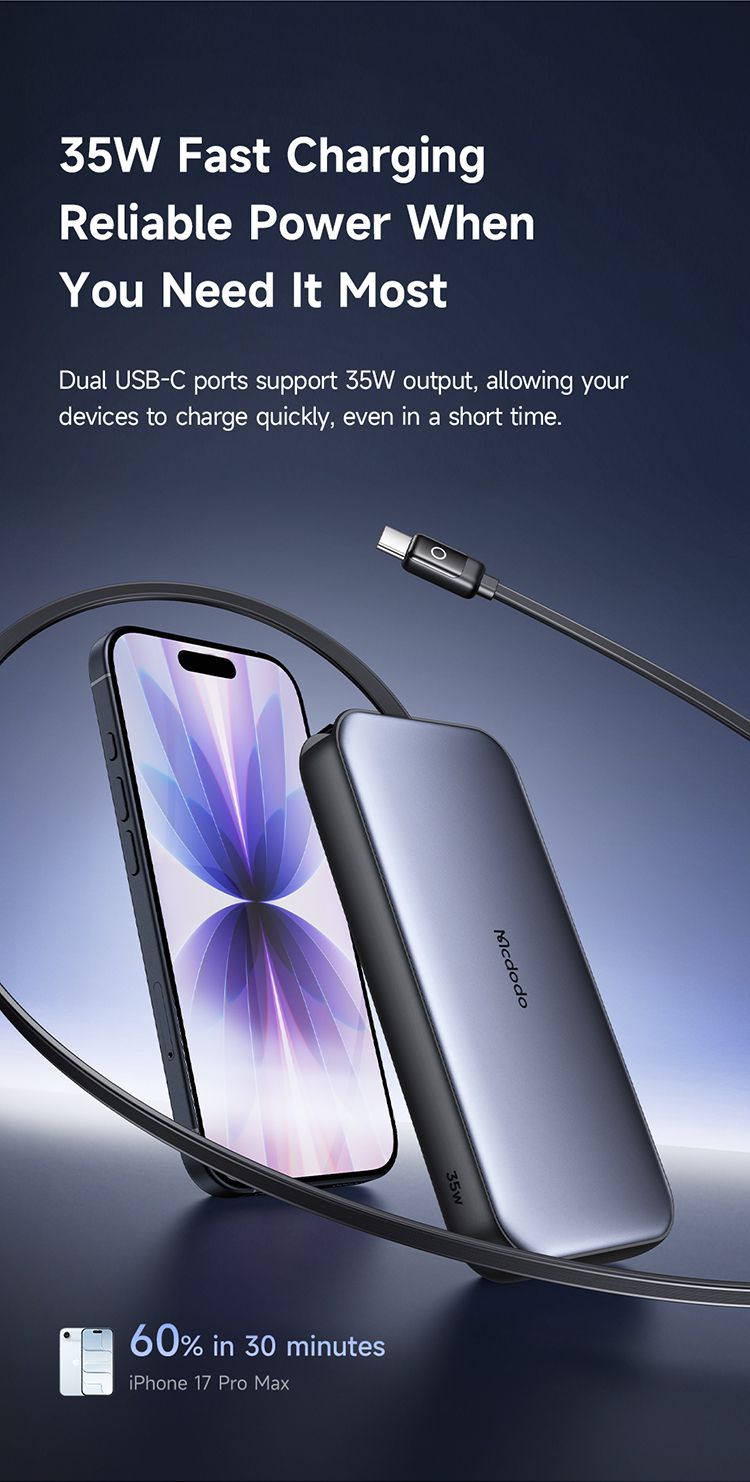 پاوربانک با توان شارژ 35وات ظرفیت 10000 میلی آمپر ساعت از برند مک دودو مدل MCDODO MC-073 بهمراه کابل شارژ جمع شونده تایپ سی | جانبی360