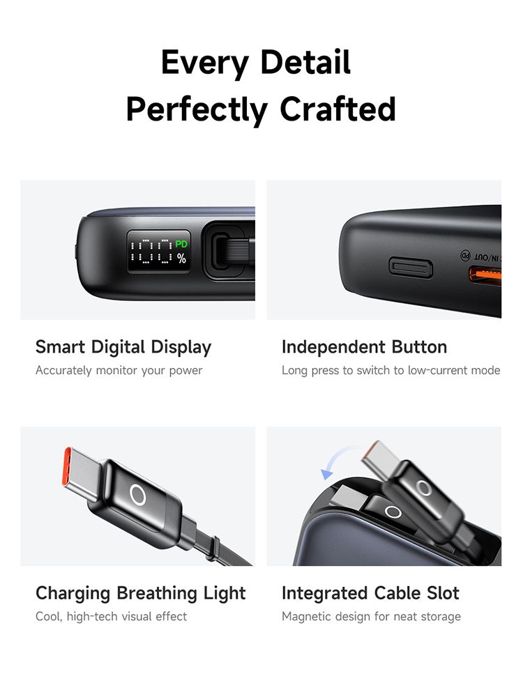 پاوربانک با توان شارژ 35وات ظرفیت 10000 میلی آمپر ساعت از برند مک دودو مدل MCDODO MC-073 بهمراه کابل شارژ جمع شونده تایپ سی | جانبی360