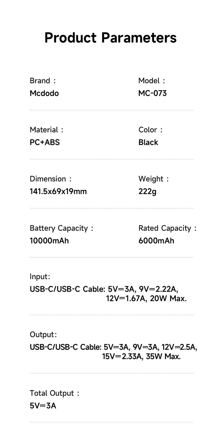 پاوربانک با توان شارژ 35وات ظرفیت 10000 میلی آمپر ساعت از برند مک دودو مدل MCDODO MC-073 بهمراه کابل شارژ جمع شونده تایپ سی | جانبی360