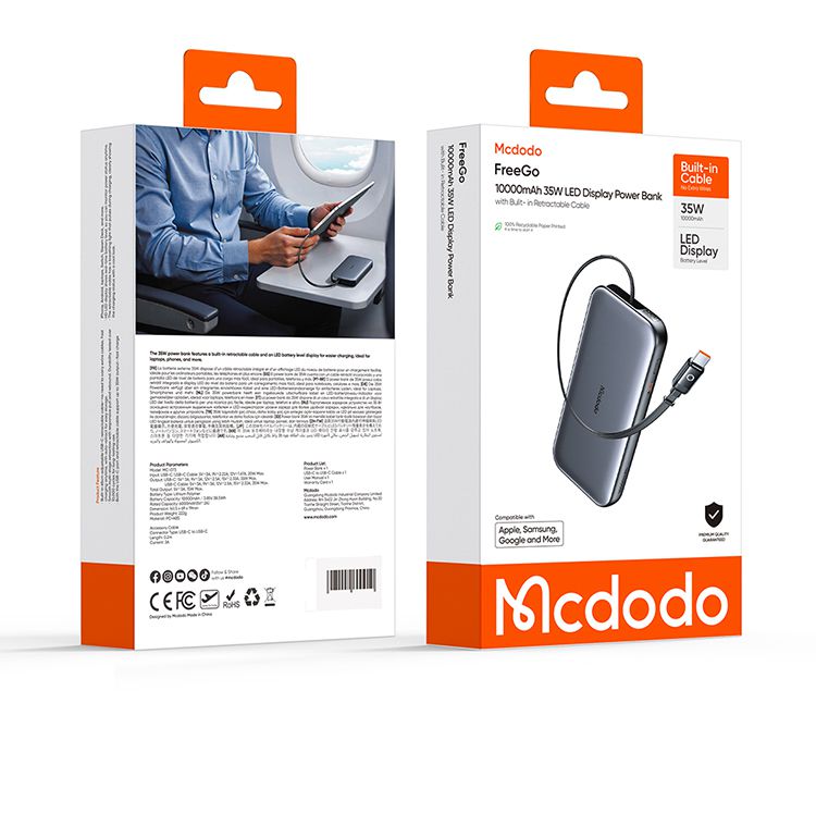 پاوربانک با توان شارژ 35وات ظرفیت 10000 میلی آمپر ساعت از برند مک دودو مدل MCDODO MC-073 بهمراه کابل شارژ جمع شونده تایپ سی | جانبی360