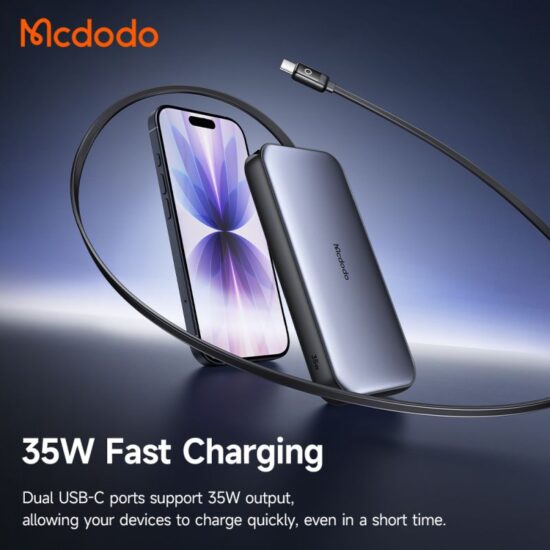 پاوربانک 35وات ظرفیت 10000 مک دودو مدل MCDODO MC-0730 بهمراه کابل شارژ جمع شونده تایپ سی