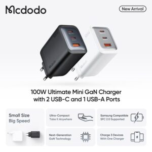 شارژر آداپتور دیواری مینی 3پورت 100وات مک دودو مدل MCDODO GaN CH-012