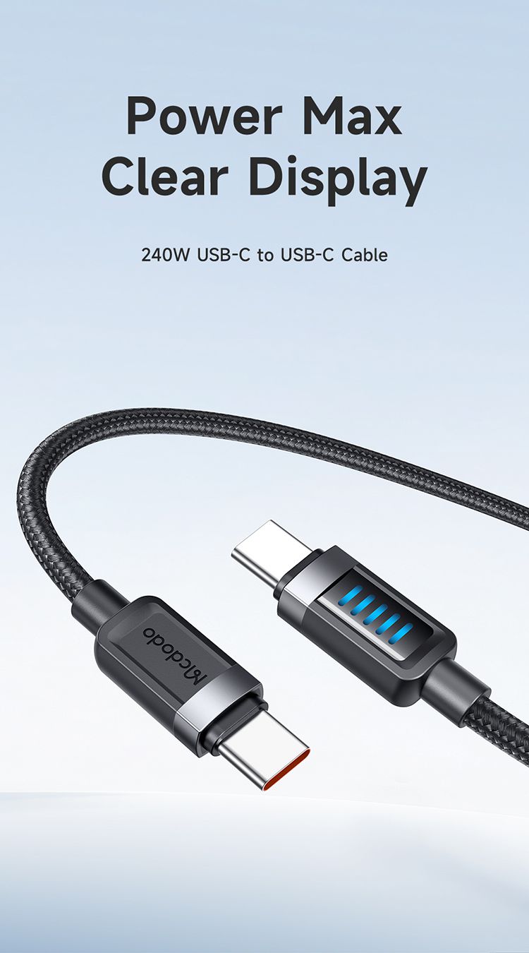 کابل شارژ سریع و انتقال دیتا تایپ سی به تایپ سی 240 وات 5 آمپر از برند مک دودو مدل MCDODO CA-035 طول 1.2متر دارای نمایشگر LED دینامیک جهت نمایش حالت شارژ | جانبی360