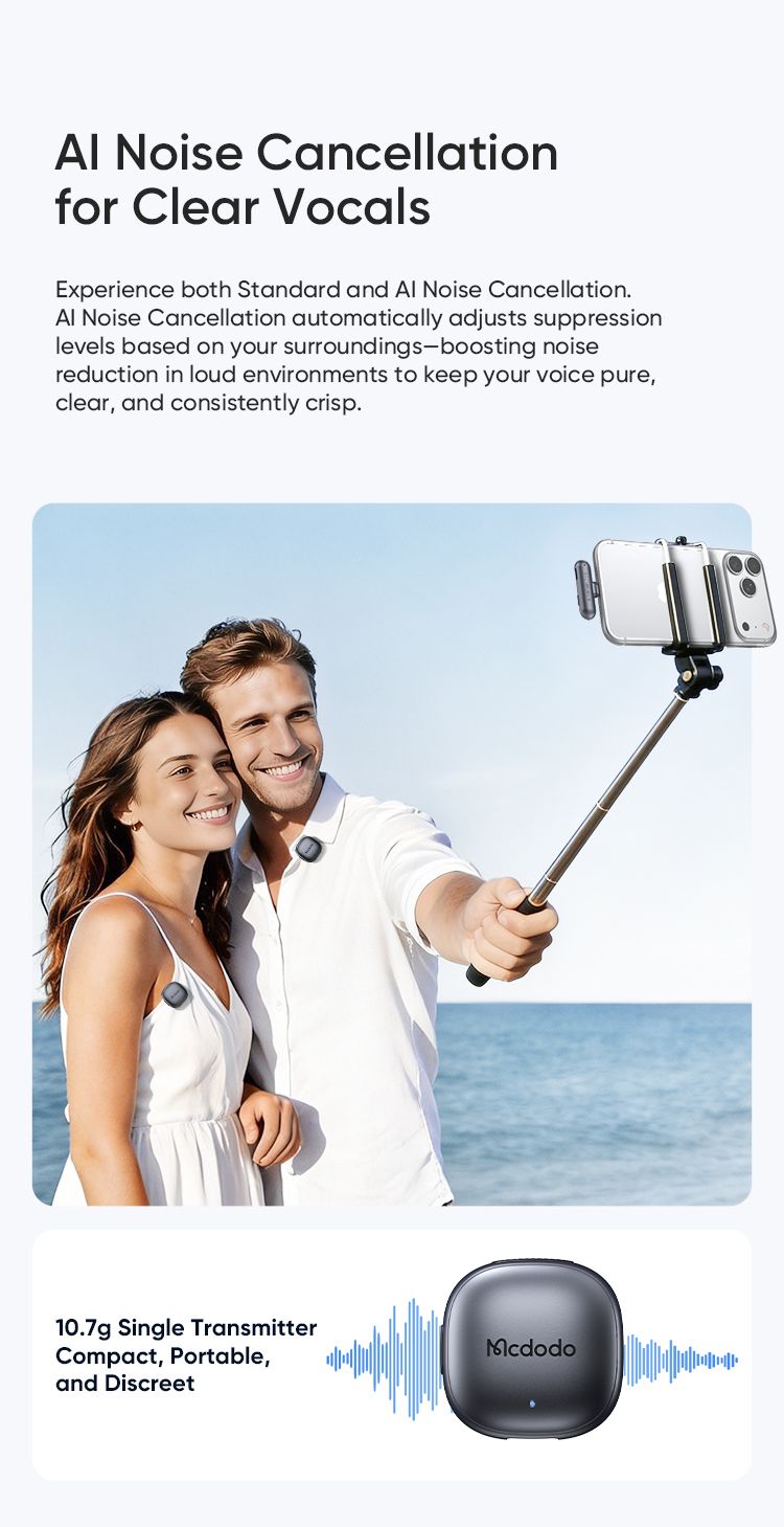 میکروفون وایرلس از برند مک دودو مدل MCDODO MP-545 دارای سیستم حذف نویز Ai سازگار با سیستم عامل اپل و اندروید | جانبی360