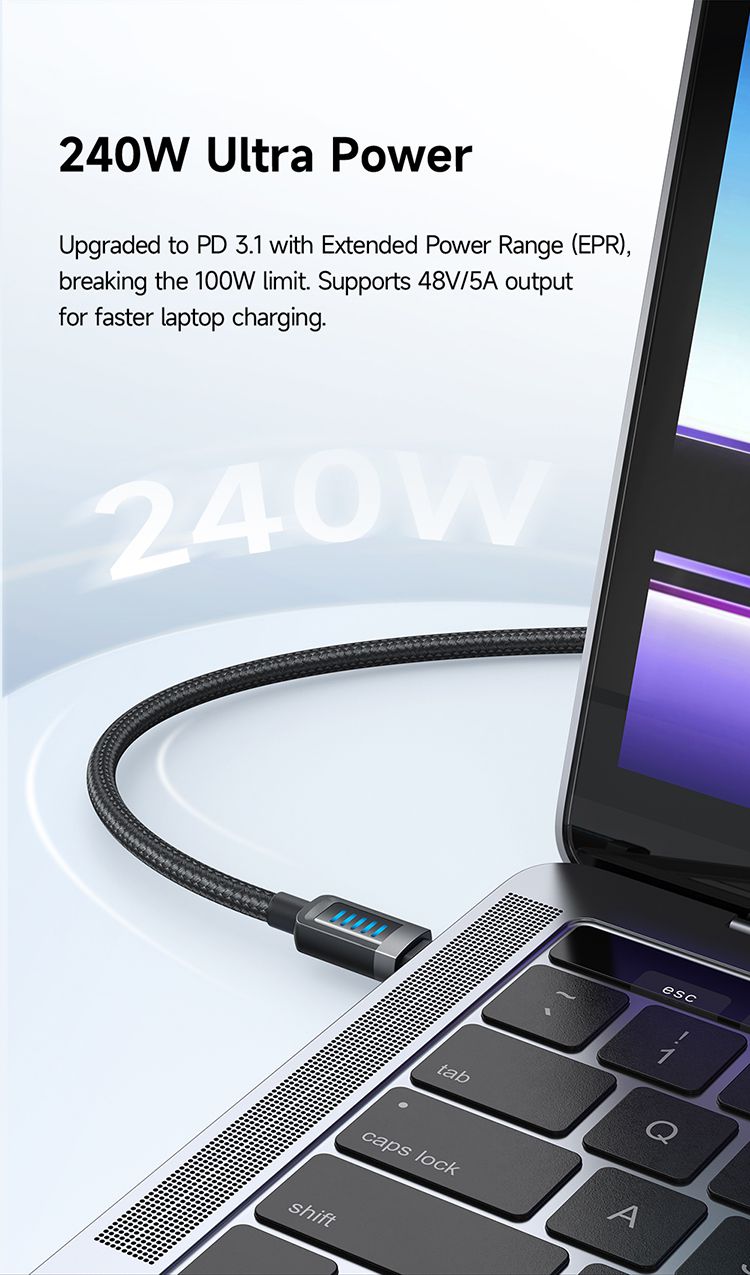 کابل شارژ سریع و انتقال دیتا تایپ سی به تایپ سی 240 وات 5 آمپر از برند مک دودو مدل MCDODO CA-035 طول 1.2متر دارای نمایشگر LED دینامیک جهت نمایش حالت شارژ | جانبی360