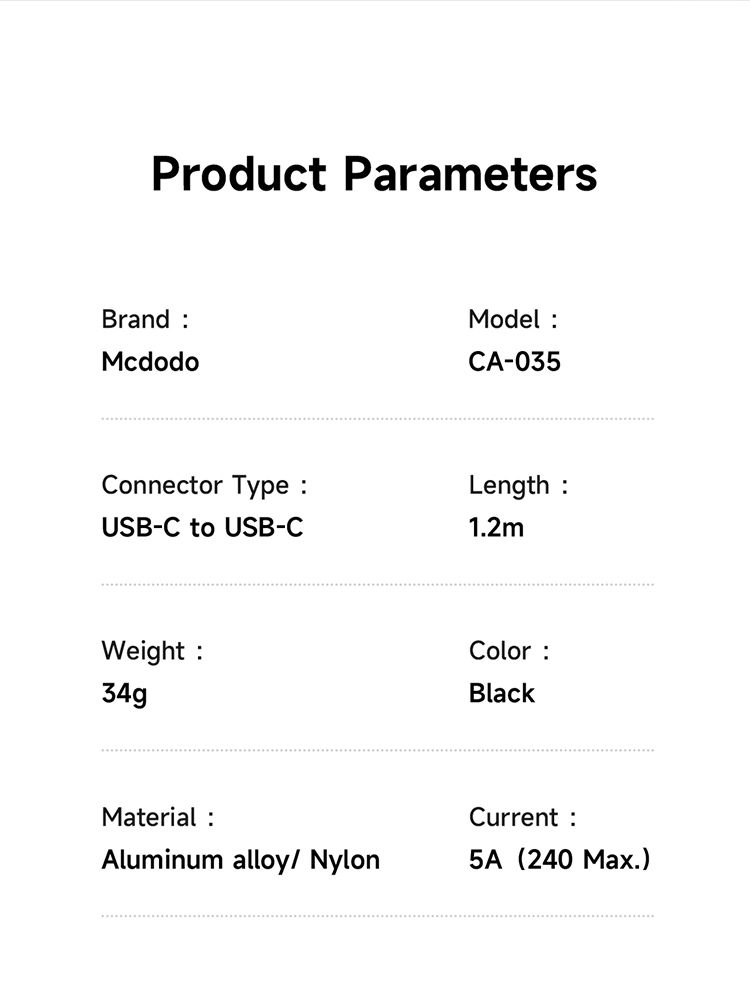 کابل شارژ سریع و انتقال دیتا تایپ سی به تایپ سی 240 وات 5 آمپر از برند مک دودو مدل MCDODO CA-035 طول 1.2متر دارای نمایشگر LED دینامیک جهت نمایش حالت شارژ | جانبی360