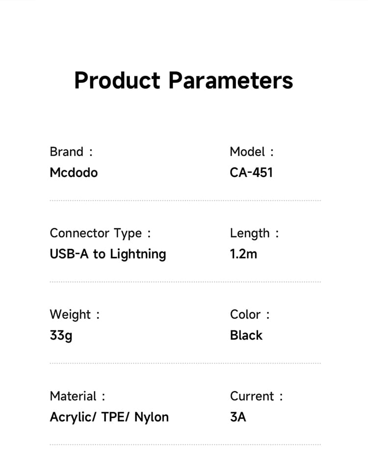 کابل شارژ سریع و انتقال دیتا USB به لایتنینگ 3 آمپر 12 وات از برند مک دودو مدل MCDODO CA-451 طول 1.2متر | جانبی360