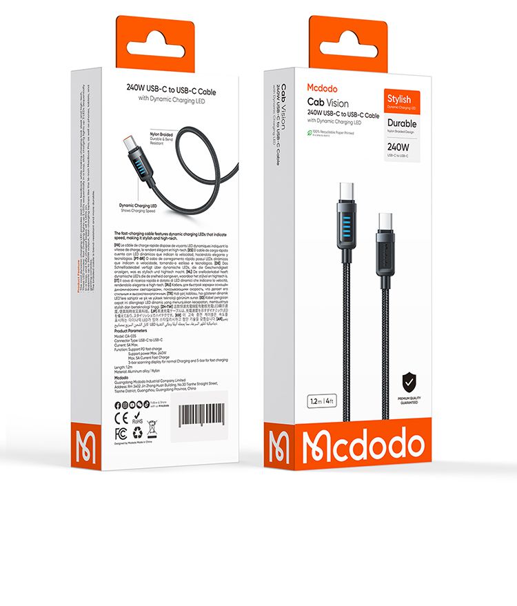 کابل شارژ سریع و انتقال دیتا تایپ سی به تایپ سی 240 وات 5 آمپر از برند مک دودو مدل MCDODO CA-035 طول 1.2متر دارای نمایشگر LED دینامیک جهت نمایش حالت شارژ | جانبی360