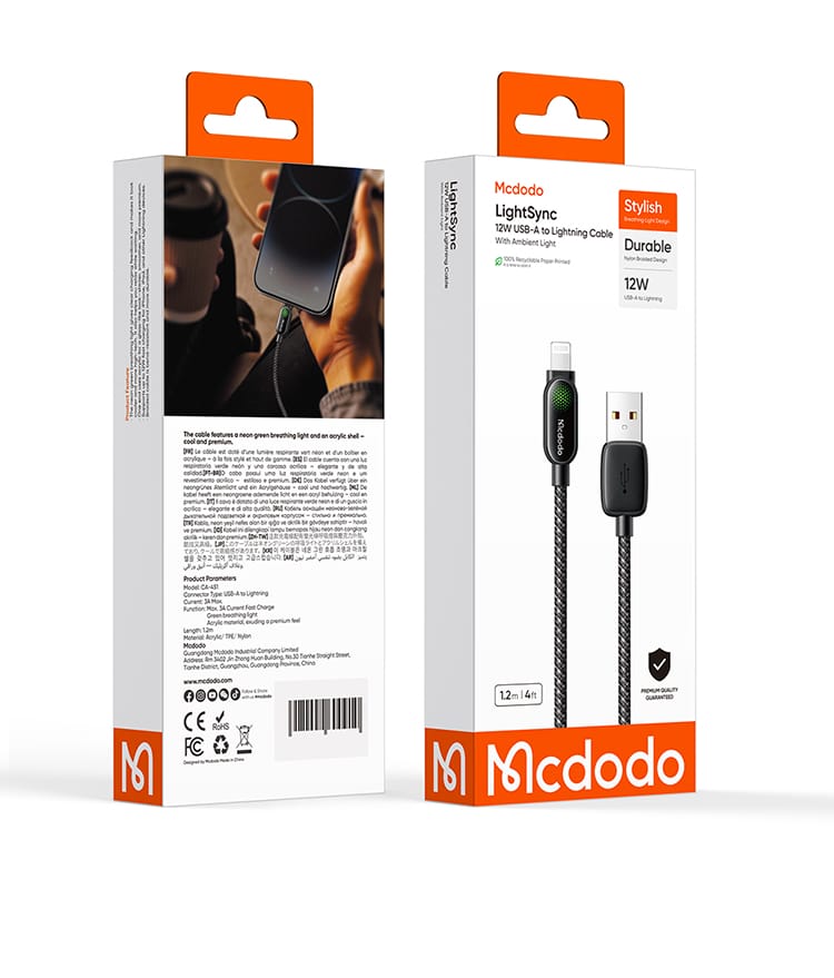 کابل شارژ سریع و انتقال دیتا USB به لایتنینگ 3 آمپر 12 وات از برند مک دودو مدل MCDODO CA-451 طول 1.2متر | جانبی360