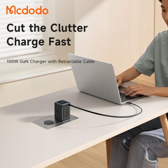شارژر آداپتور دیواری 4پورت 100وات مک دودو مدل MCDODO GaN CH-8470 با کابل جمع شونده تایپ سی