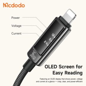 کابل شارژ و انتقال دیتا تایپ سی به لایتنینگ 36وات مک دودو مدل MCDODO CA-8880 نمایشگر دیجیتال طول 1.2 متر