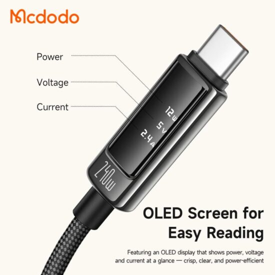 کابل شارژ و دیتا 240وات تایپ سی به تایپ سی مک دودو مدل MCDODO CA-8900 نمایشگر دیجیتال طول 1.2متر