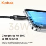 کابل شارژ و انتقال دیتا تایپ سی به لایتنینگ 36وات مک دودو مدل MCDODO CA-8880 نمایشگر دیجیتال طول 1.2 متر