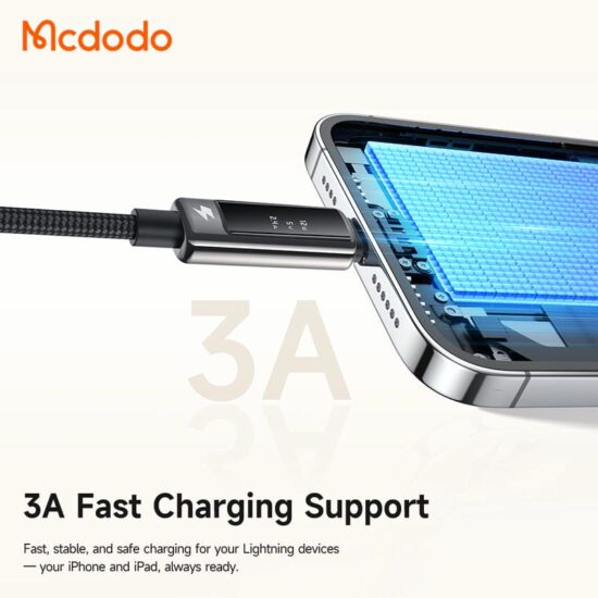 کابل شارژ و انتقال دیتا USB به لایتنینگ 3آمپر نمایشگردار مک دودو مدل MCDODO CA-8760 طول 1.2متر