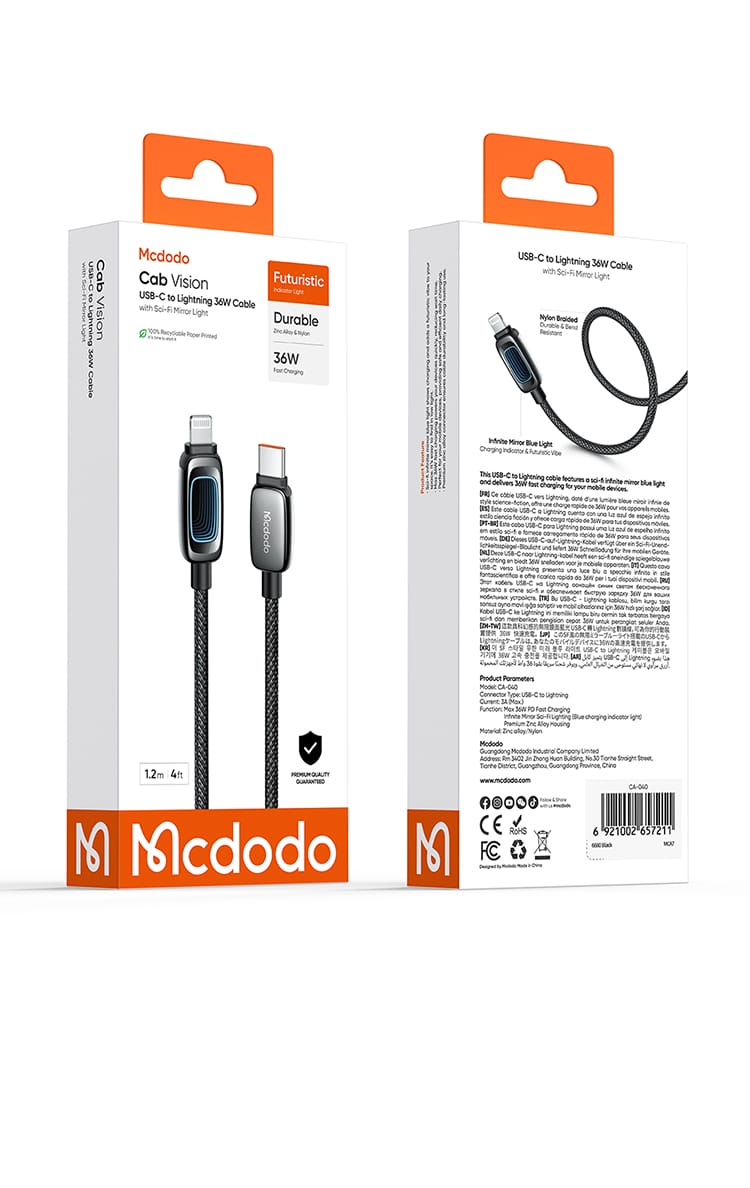 کابل شارژ سریع و انتقال دیتا تایپ سی به لایتنینگ 36 وات مک دودو مدل MCDODO CA-0400 نمایشگردار طول 1.2متر