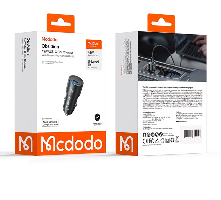شارژر فندکی تک پورت 45وات با قابلیت سوپرفست شارژ ورژن 2.0 گوشی های سامسونگ (SFC2.0) از برند مک دودو مدل MCDODO CC-5340 | جانبی360