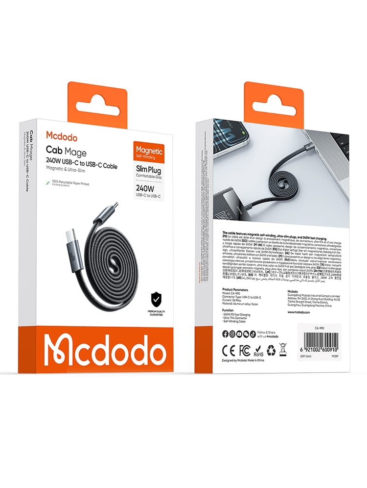 کابل شارژ تایپ سی به تایپ سی 240وات 5 آمپر بدنه مگنتی طراحی اسلیم از برند مک دودو مدل MCDODO CA-990 طول 1متر | جانبی360 کابل شارژ تایپ سی به تایپ سی 240وات 5 آمپر بدنه مگنتی طراحی اسلیم از برند مک دودو مدل MCDODO CA-990 طول 1متر | جانبی360