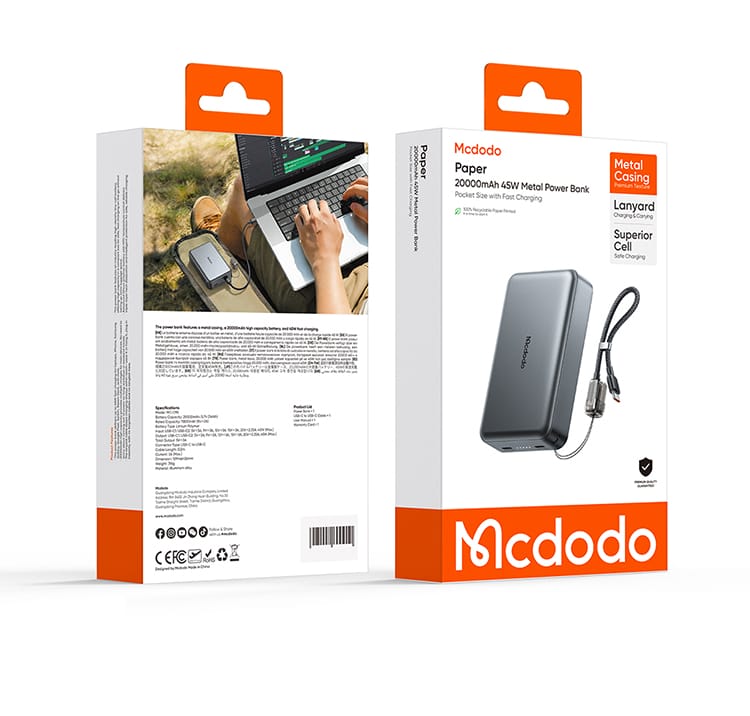 پاوربانک 2پورت 45وات ظرفیت 20000 از برند مک دودو مدل MCDODO MC-095 بهمراه کابل شارژ تایپ سی | جانبی360