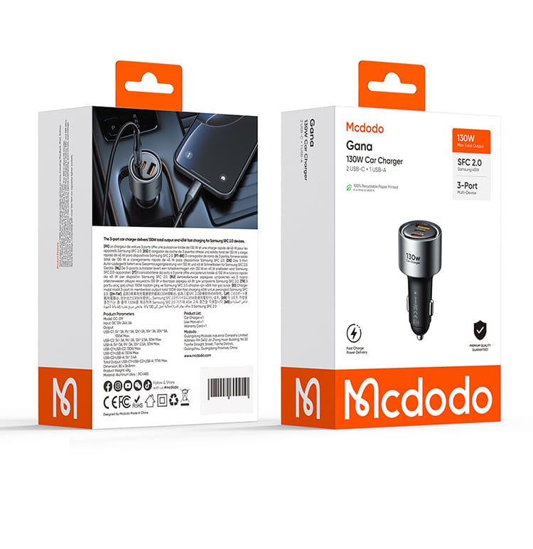 شارژر فندکی 3پورت 100وات از برند مک دودو مدل MCDODO CC-3190 با قابلیت سوپر فست شارژ ورژن 2.0 SFC(2.0)| جانبی360
