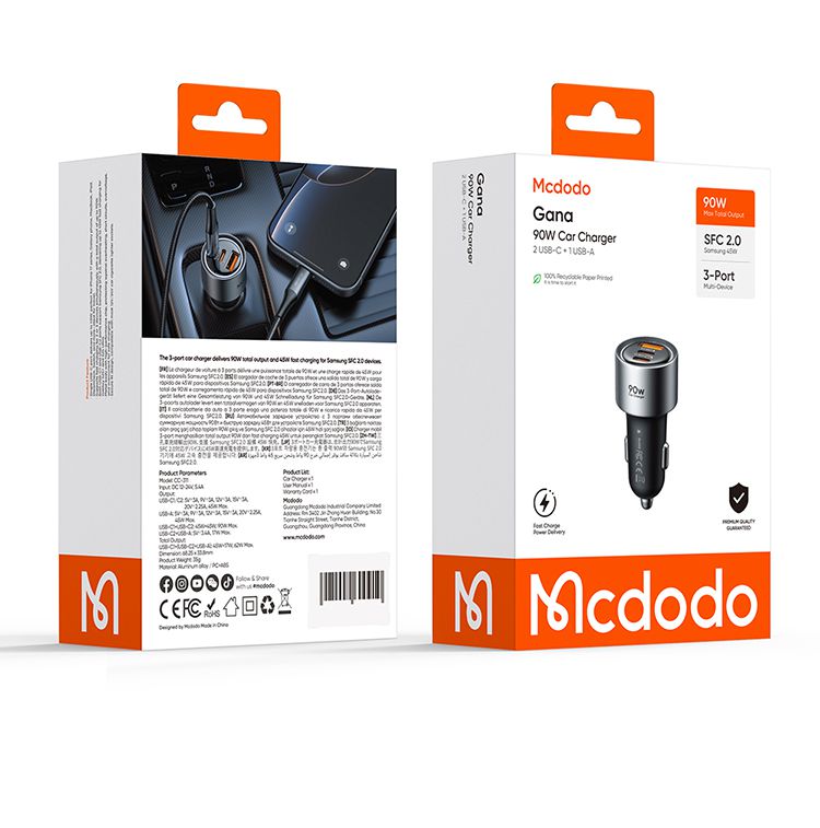 شارژر فندکی 3پورت 90وات از برند مک دودو مدل MCDODO CC-311 با قابلیت سوپر فست شارژ ورژن 2.0 SFC(2.0) | جانبی360