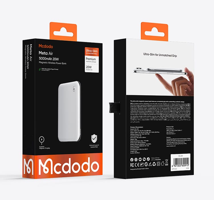 پاوربانک وایرلس فوق نازک مگ سیف 20وات 5000 مک دودو مدل MCDODO MC-293