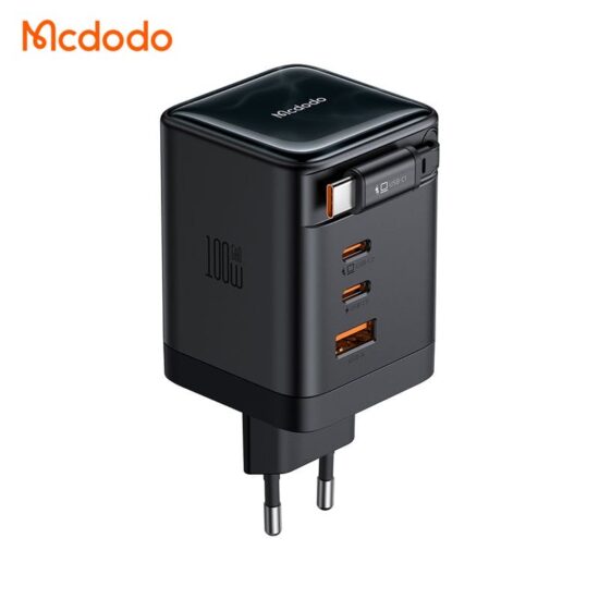 شارژر آداپتور دیواری 4پورت 100وات مک دودو مدل MCDODO GaN CH-8470 با کابل جمع شونده تایپ سی