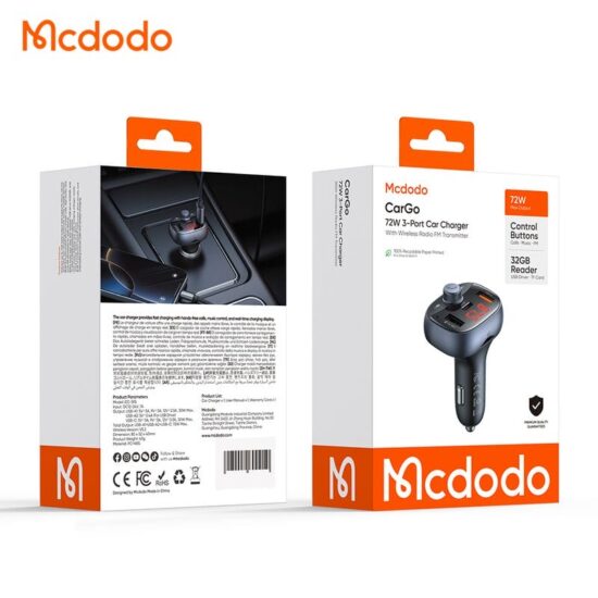 شارژر فندکی 3پورت 72وات با قابلیت تماس و پخش موسیقی مک دودو مدل MCDODO CC-5950