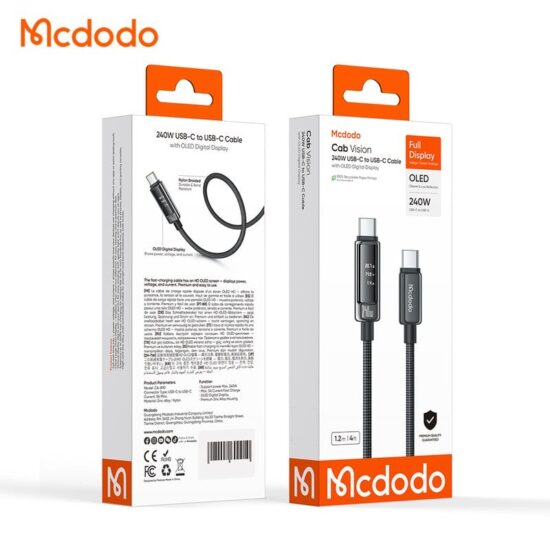 کابل شارژ و دیتا 240وات تایپ سی به تایپ سی مک دودو مدل MCDODO CA-8900 نمایشگر دیجیتال طول 1.2متر