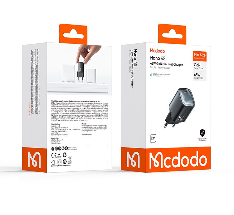 شارژر آداپتور دیواری تک پورت مینی 45وات تکنولوژی گان از برند مک دودو مدل MCDODO CH-443 GaN | جانبی360